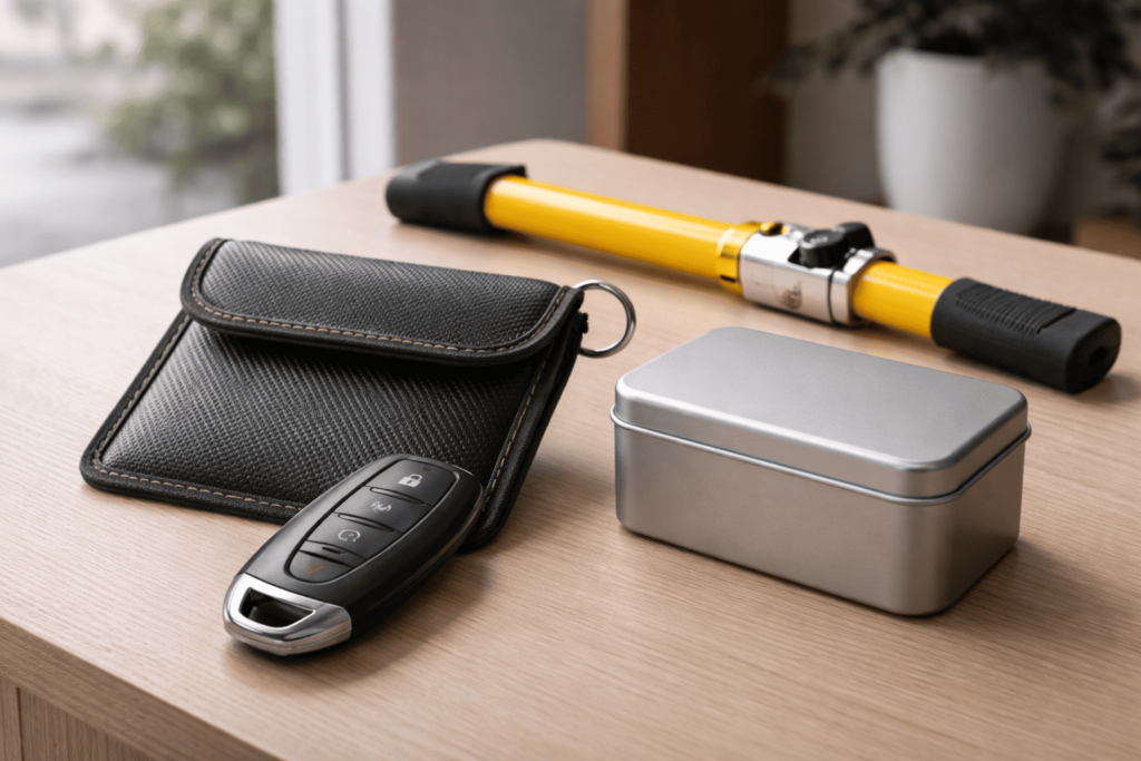 電波遮断ポーチや金属缶などスマートキーの防犯対策用品が並ぶ室内の静物写真