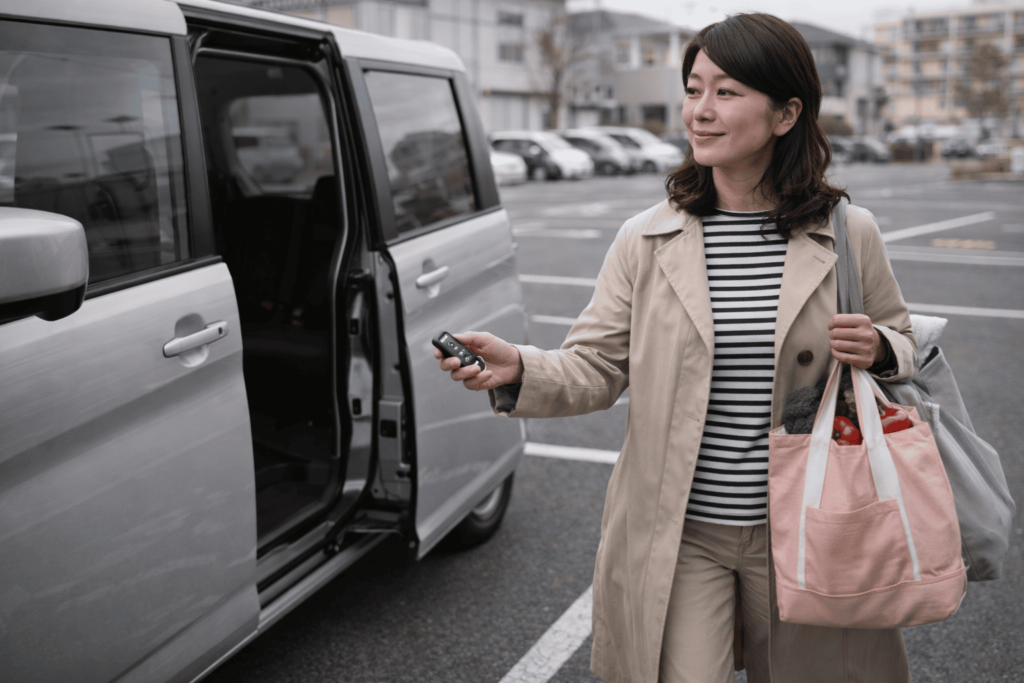 荷物を持った女性がスライドドアの閉まり途中にスマートキーで予約ロックして歩き出す様子