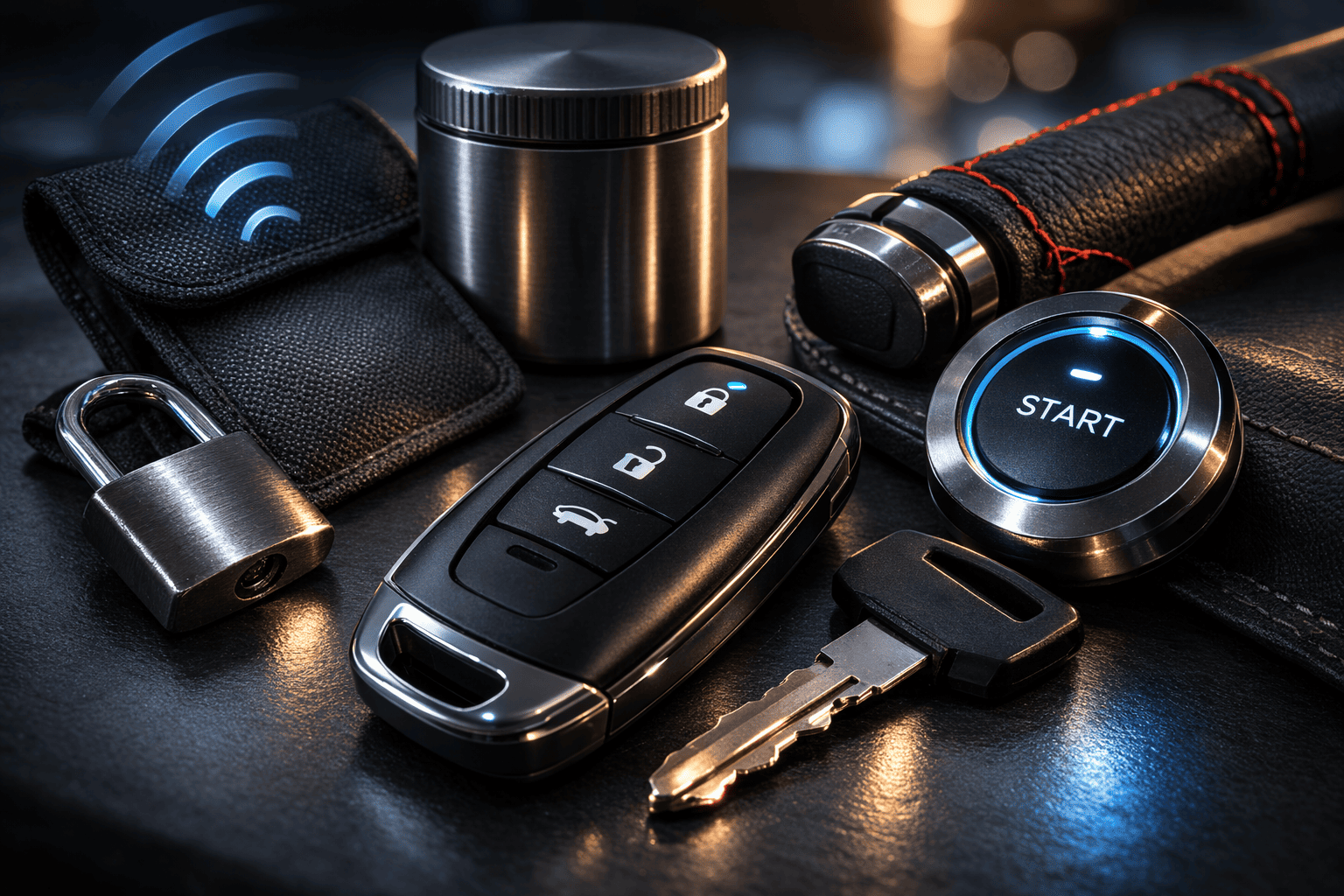 スマートキーやメカニカルキー、防犯アイテムを上質に配置し、便利機能と緊急対応、防犯対策を表現した自動車系アイキャッチ画像