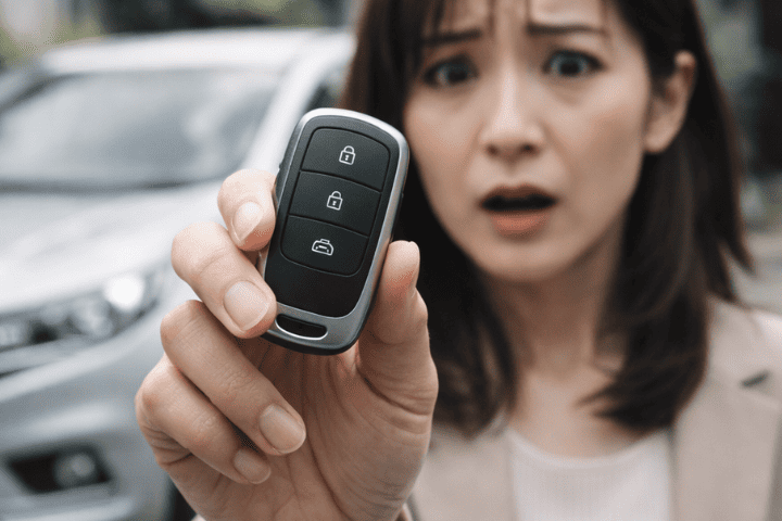 スマートキーのトラブルに気づき不安そうな表情を見せるドライバー