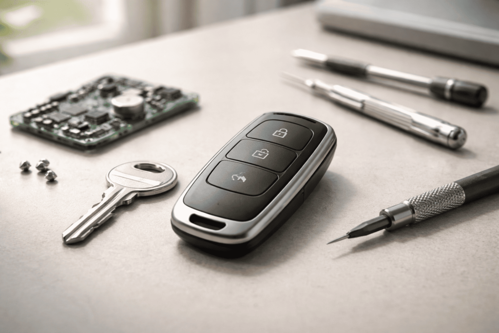 スマートキーと物理キー、電子基板が並びスペアキー作成の構成要素を示すイメージ