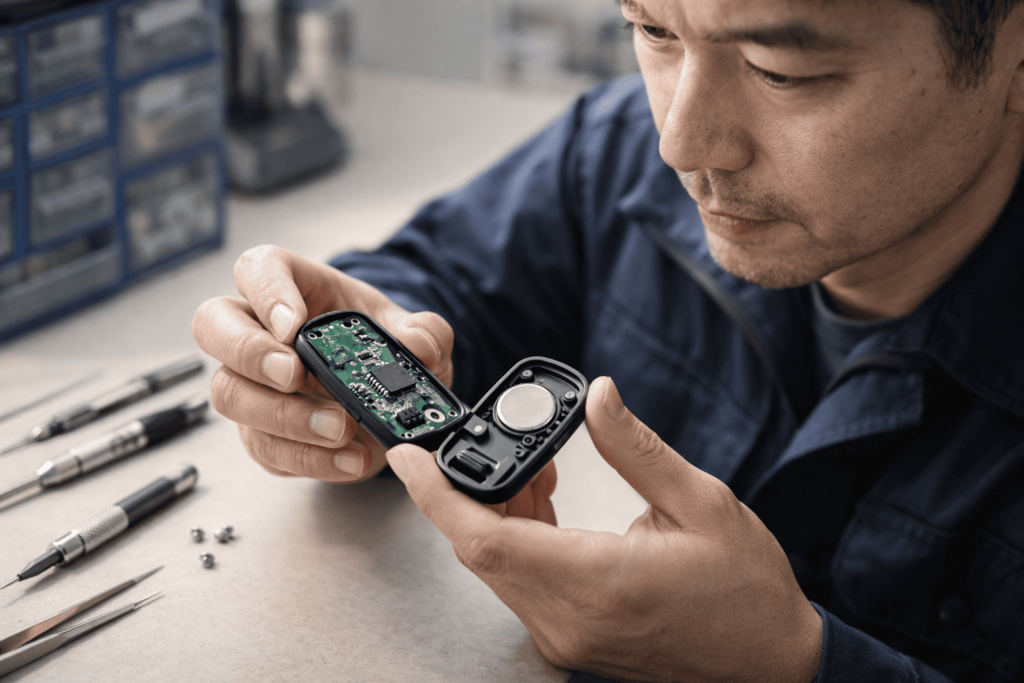 スマートキー内部を確認する男性技術者の手元