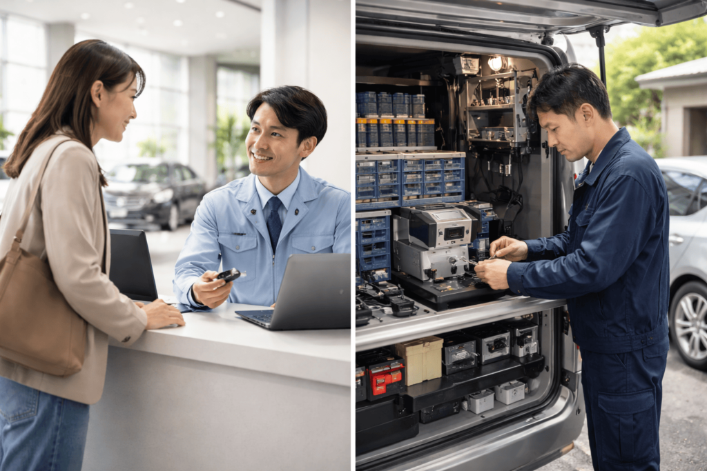 ディーラー相談と出張鍵屋作業を対比したイメージ