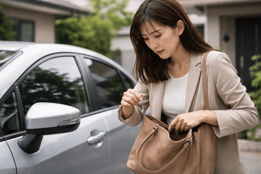 鍵を紛失して困惑する女性ドライバーの様子