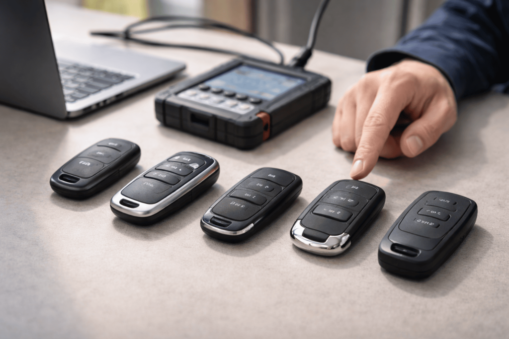 複数の中古スマートキーを比較確認する手元