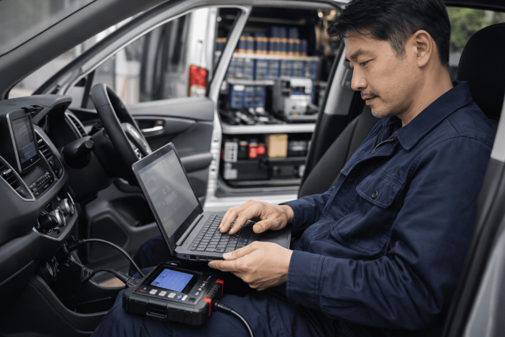 車両コンピュータに機材を接続して作業する鍵技術者