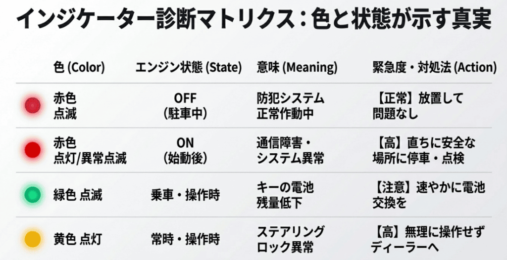 インジケーター診断マトリクス、色と状態が示すサインを解説する画像
