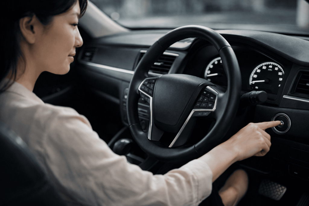 車内でブレーキを踏みながらスタートボタンを操作する日本人女性