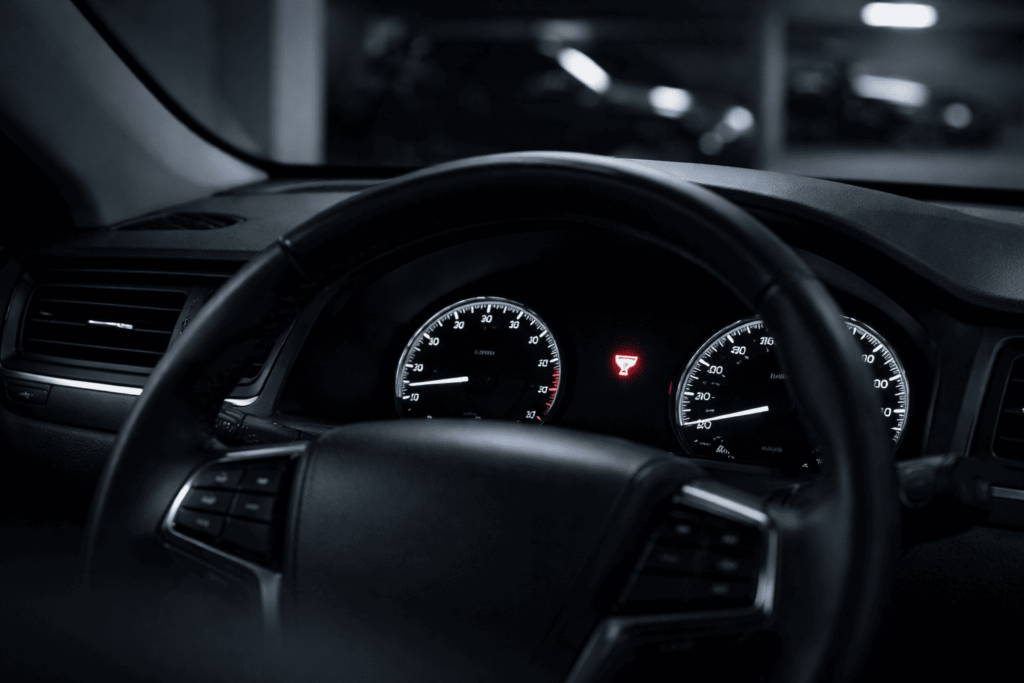 駐車中の車内で赤い鍵マークが点滅し防犯システム作動を示している様子