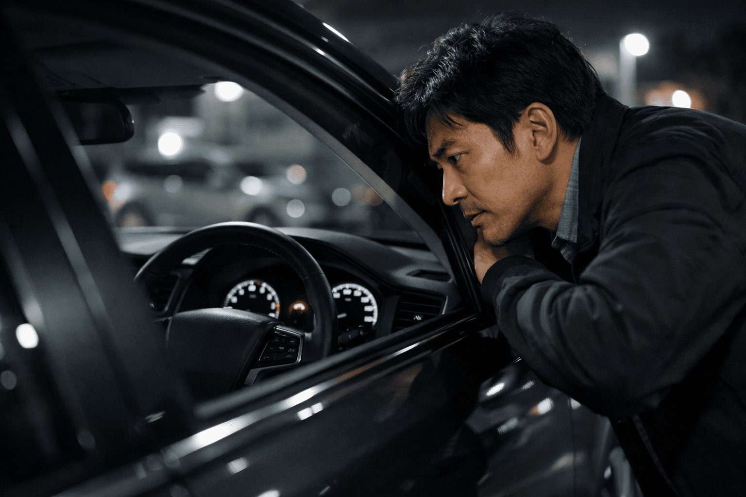 夜の駐車場で車内の赤い鍵マーク点滅を不安そうに確認する日本人男性