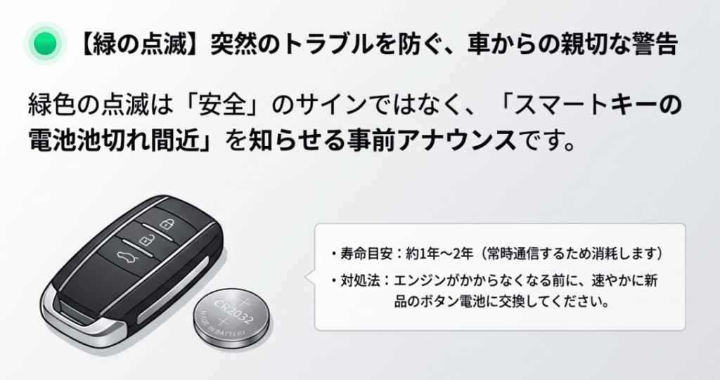緑色の点滅はスマートキーの電池切れ間近を知らせるサイン、を解説する画像