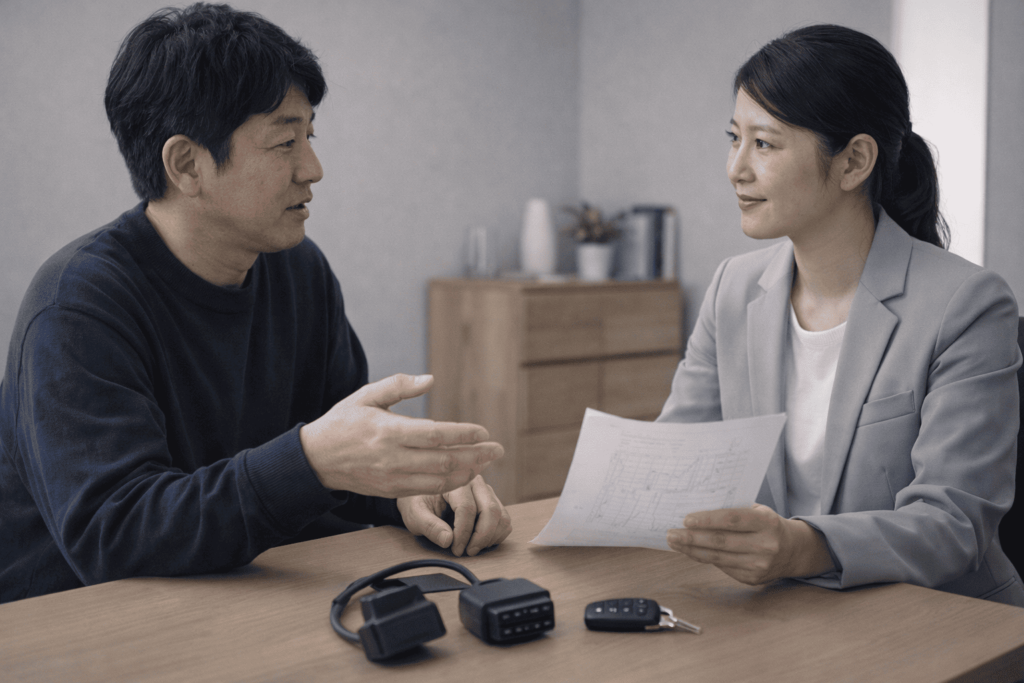 OBD2機器と資料を前に、安全な使い方を相談する日本人男女の落ち着いたシーン