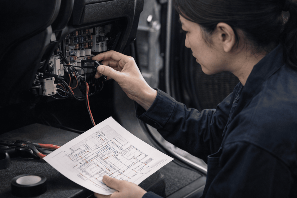 ヒューズボックス周辺を確認しながらACC電源化を検討する日本人女性専門家のイメージ