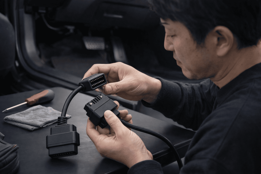 OBD2延長アダプタを使って手元で丁寧に接続確認する日本人男性の作業イメージ