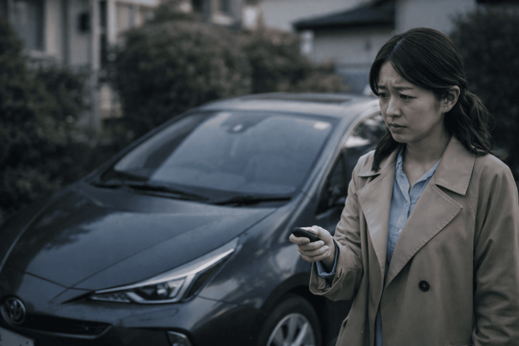 車が反応せず困った様子でスマートキーを確認する日本人女性を通じて、バッテリー上がりの不安を表した画像