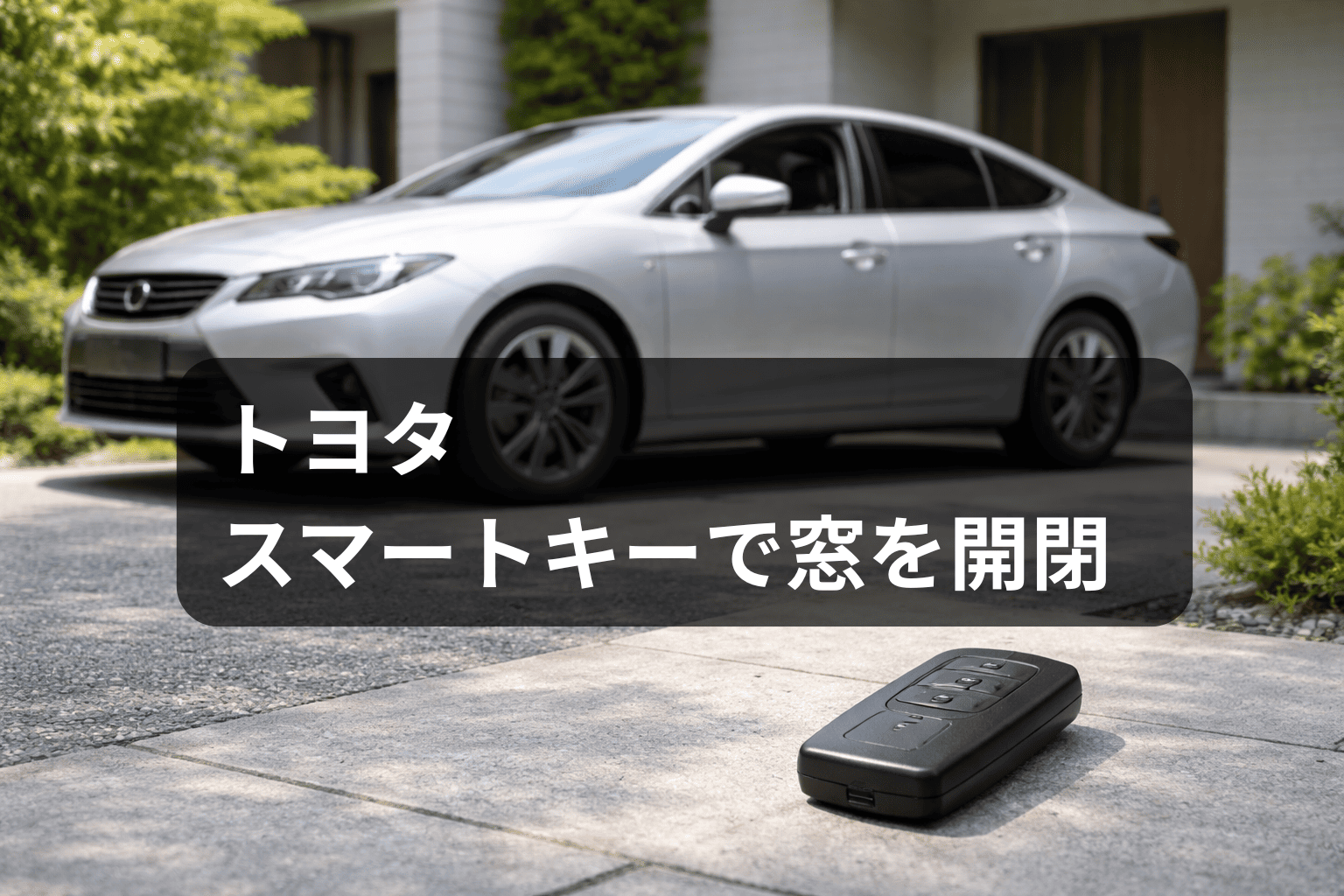 トヨタ車風の車両のそばにスマートキーがあり、外から窓を開ける便利機能を想起させる導入イメージ