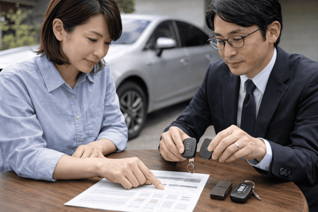 スマートキーと資料を前に、安全な使い方を確認する日本人男女の落ち着いた相談シーン
