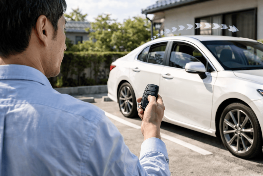 日本人男性がスマートキーを長押しし、車の窓を慎重に遠隔操作している様子