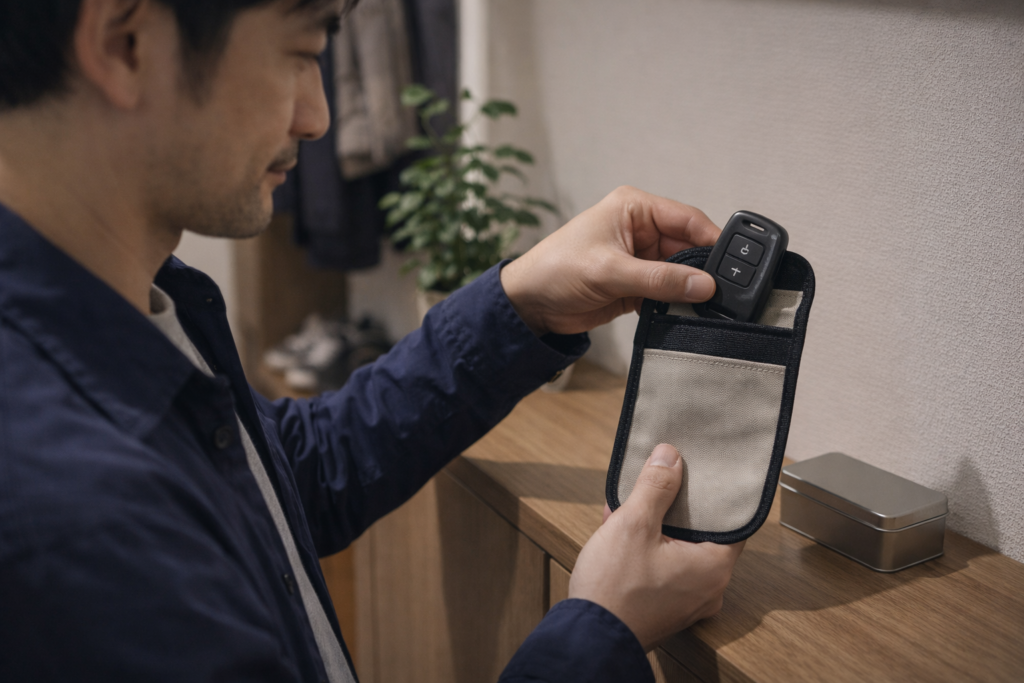 玄関の棚でスマートキーを電波遮断ポーチに入れて保管する日本人男性