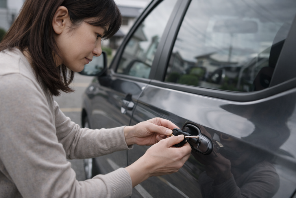 スマートキーから抜いたメカニカルキーで車のドアを解錠する日本人女性
