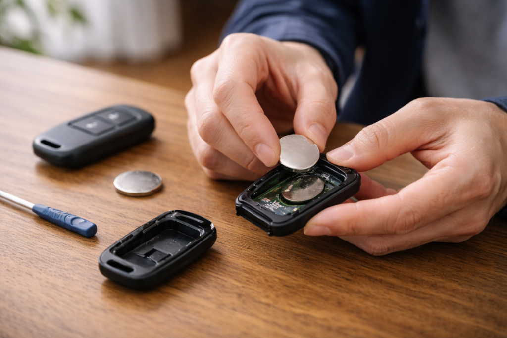 テーブルの上でスマートキーを開き、コイン電池を交換している日本人男性の手元