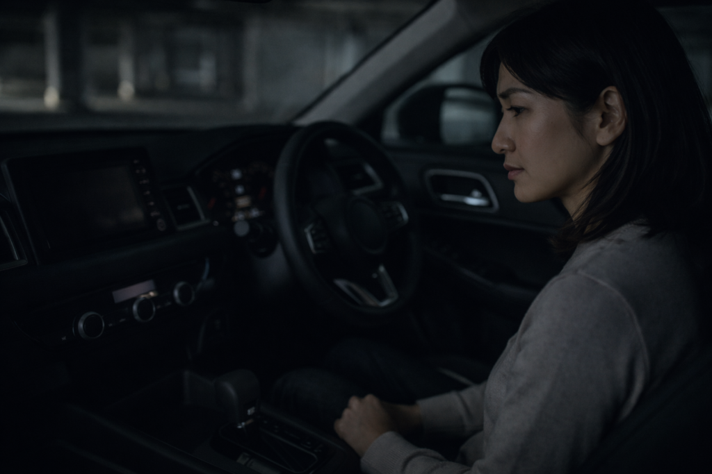 室内灯やメーターの弱い点灯を見ながら12Vバッテリー上がりを疑う日本人女性