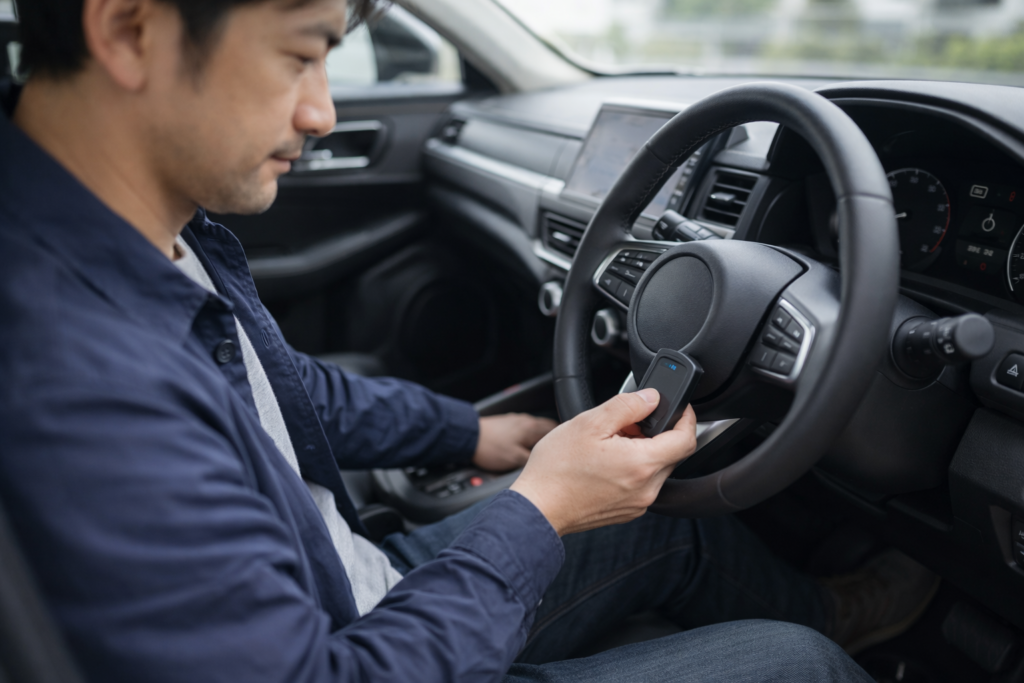 車内でスマートキーをエンジンスイッチに直接当てて緊急始動を試す日本人男性