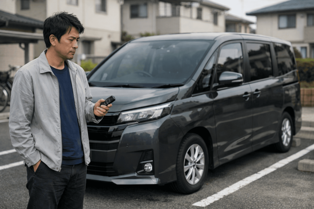 駐車場で反応しないスマートキーを手に困惑する日本人男性とミニバン