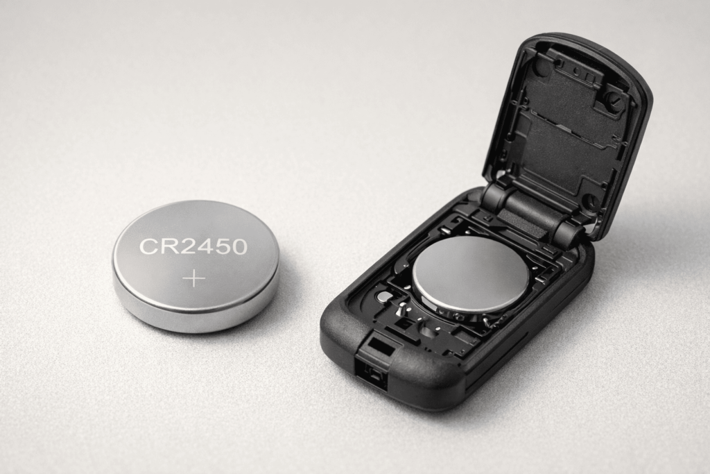 大型のCR2450電池と開いたスマートキーの内部比較