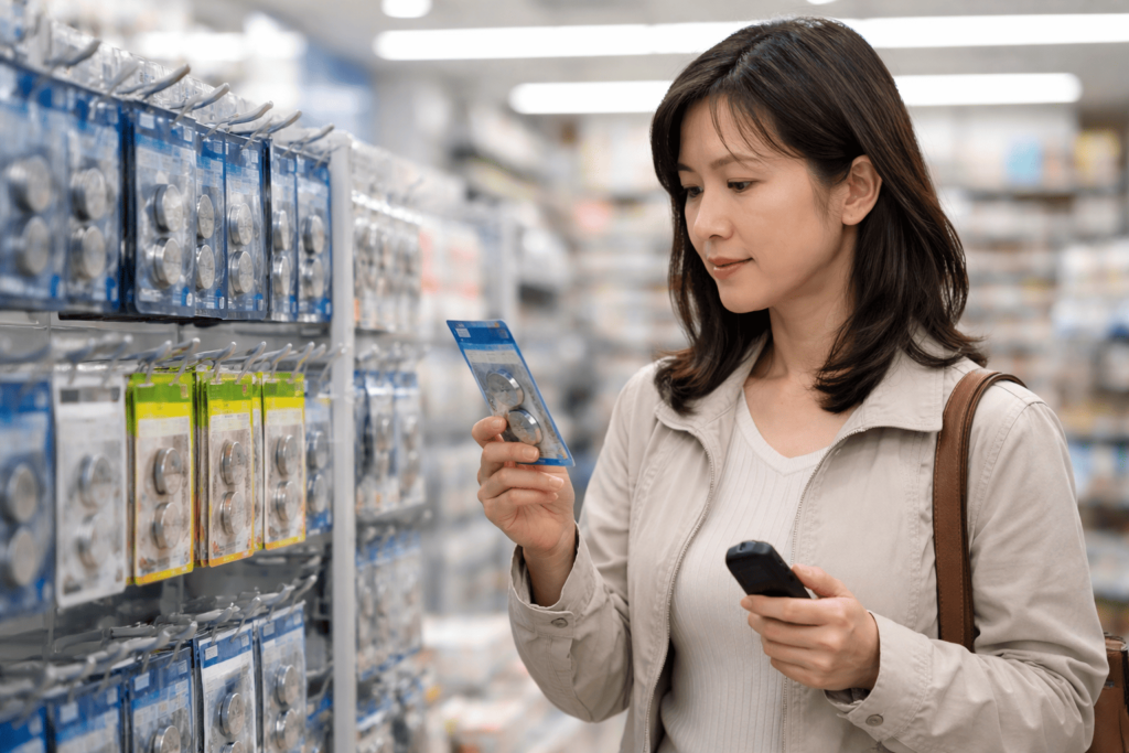店内でボタン電池を選ぶ日本人女性とスマートキー