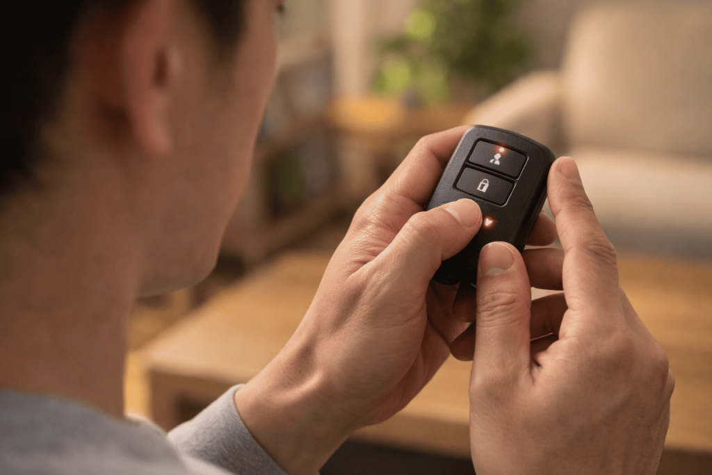 スマートキーのボタン操作で節電モードを設定する男性の手元