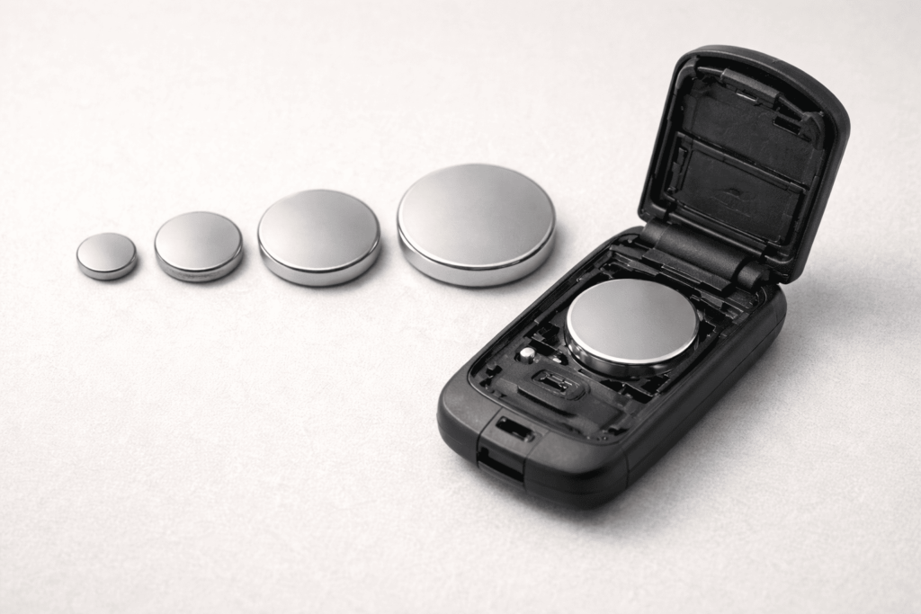 サイズの異なるコイン電池と旧型スマートキーの比較