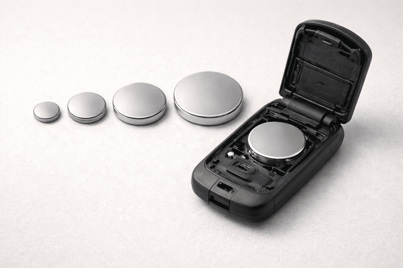 サイズの異なるコイン電池と旧型スマートキーの比較