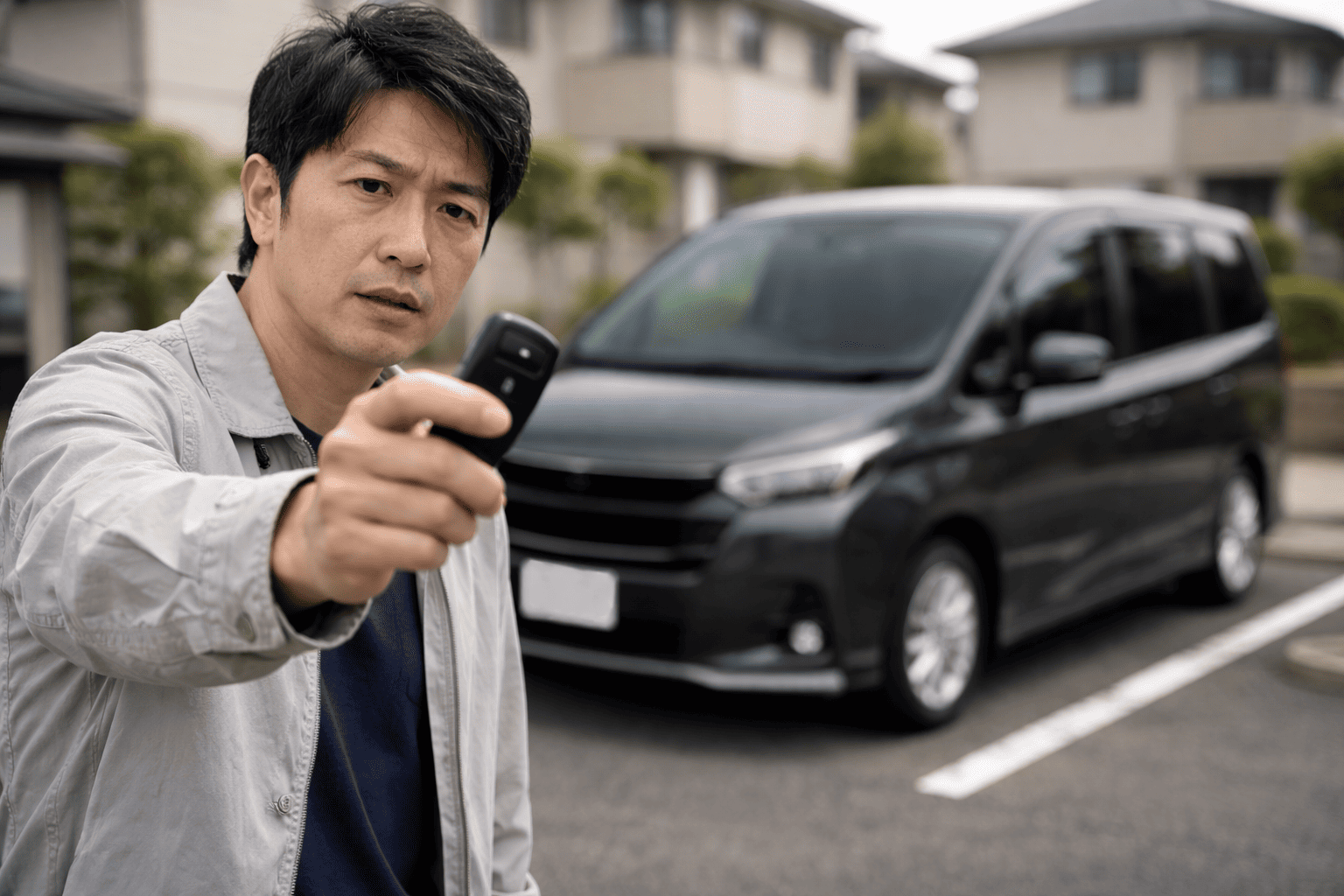 スマートキーの電池切れで困っている日本人男性とミニバン