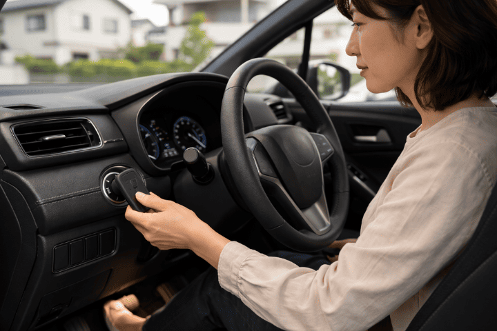 電池切れ時にスマートキーをスタートボタンへ当てて始動する女性