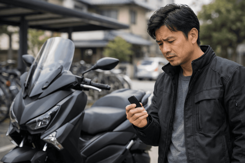 出先の駐輪場でスマートキーが反応せず、スクーターのそばで困惑しながらキーを確認する日本人男性ライダー