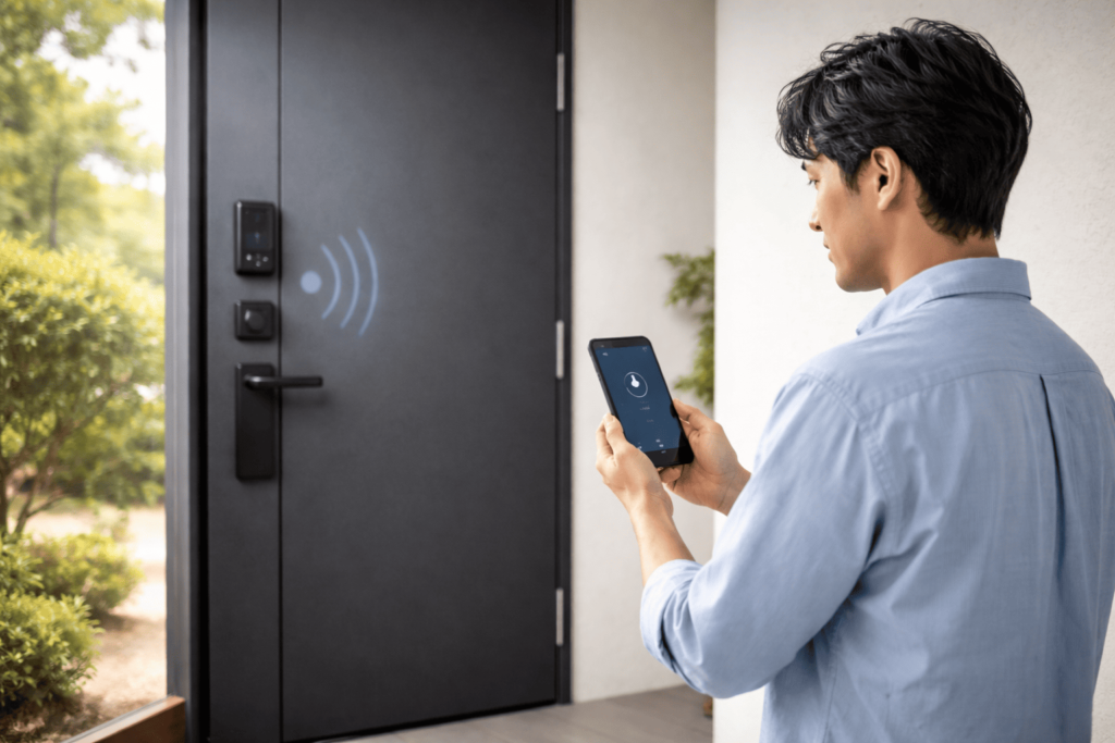 iPhoneを使って玄関ドア前で適切な距離を取りながらスマートキー設定を行う男性の様子