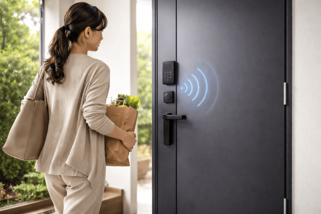 iPhoneを持ったまま玄関ドアに近づきスマートキーの利便性を示す女性のイメージ