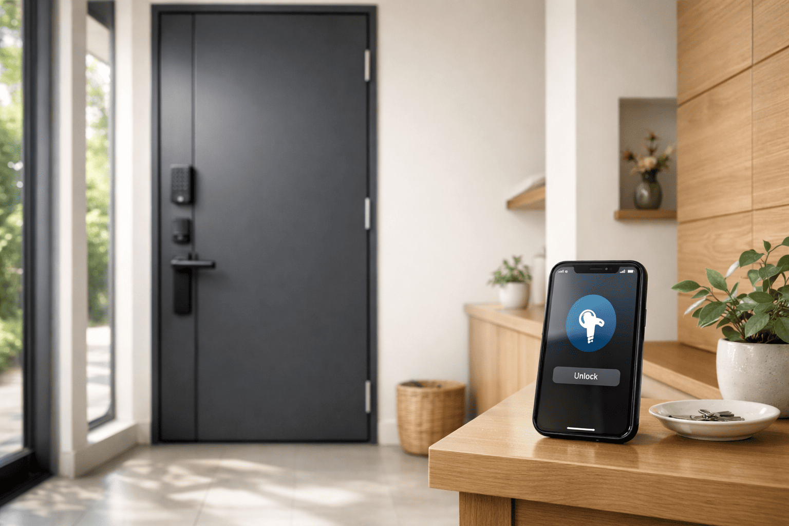 iPhone連携型のスマートキーを想起させるモダンな玄関ドアとスマートフォンの導入イメージ