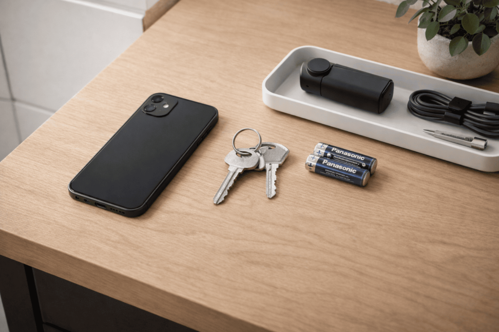 iPhoneと非常用キーや予備電池を整えて置いたスマートキー運用の備えイメージ