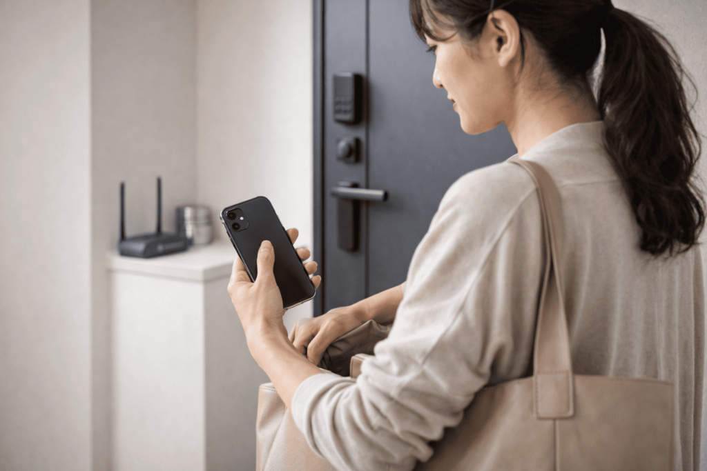 玄関前でバッグからiPhoneを取り出して通信状態を見直す女性のイメージ