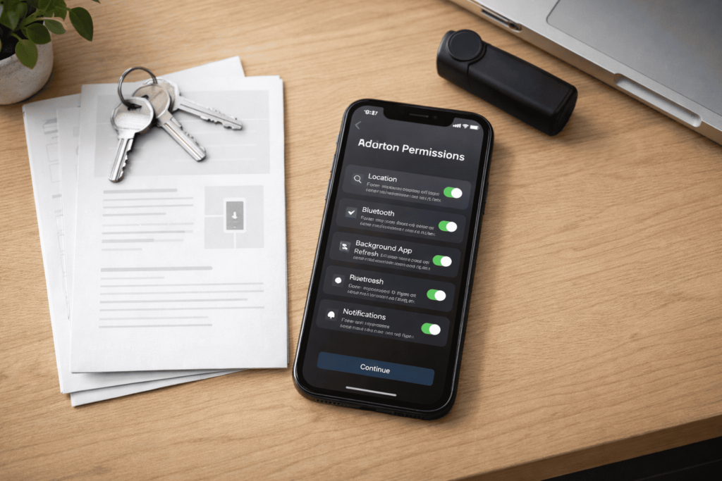iPhoneの設定準備とスマートキーアプリの初期設定をイメージした整ったデスク風景