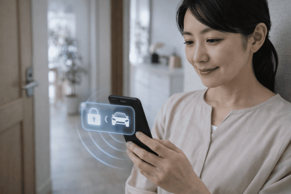 スマートフォンで車の施錠状態を確認し安心している日本人女性