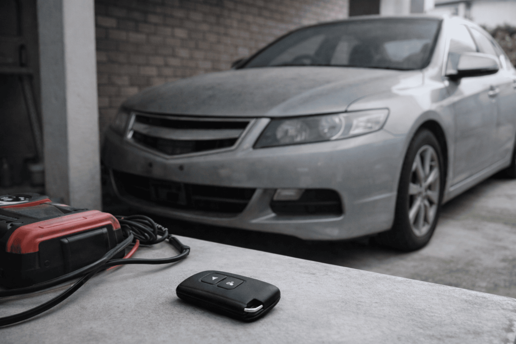 長期間使っていない車とバッテリー管理の重要性を表す静かな駐車風景