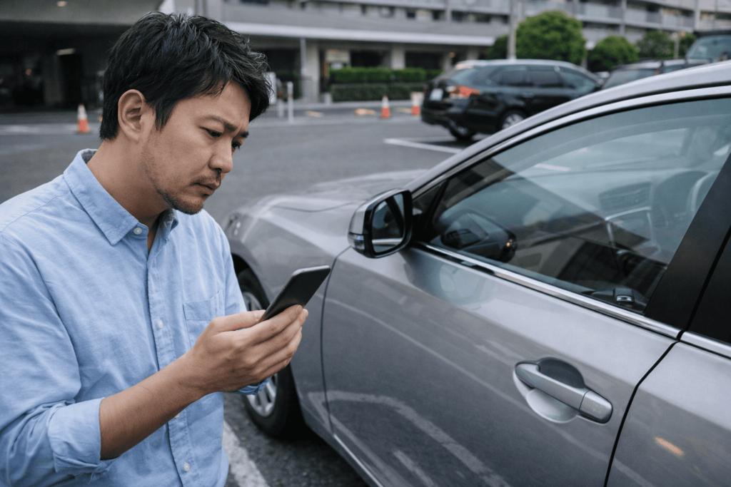 インロックした車の前でスマートフォンを使い落ち着いて対処を考える日本人男性
