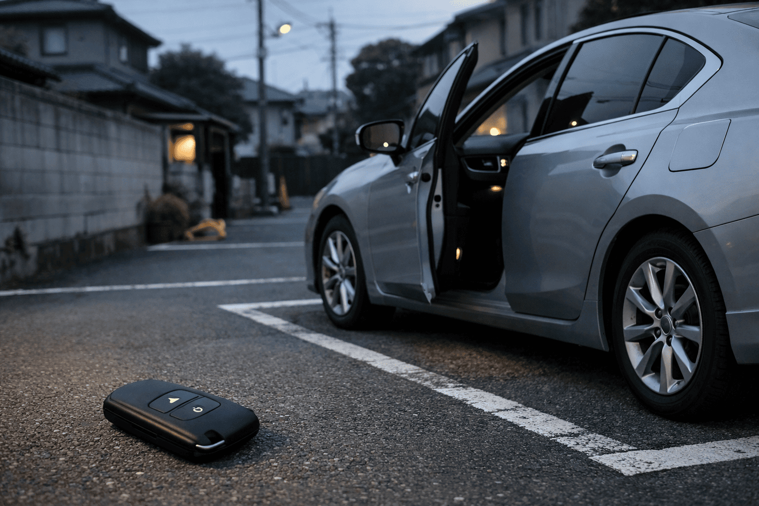 駐車中の車とスマートキー管理の重要性を静かに表現した記事アイキャッチ画像