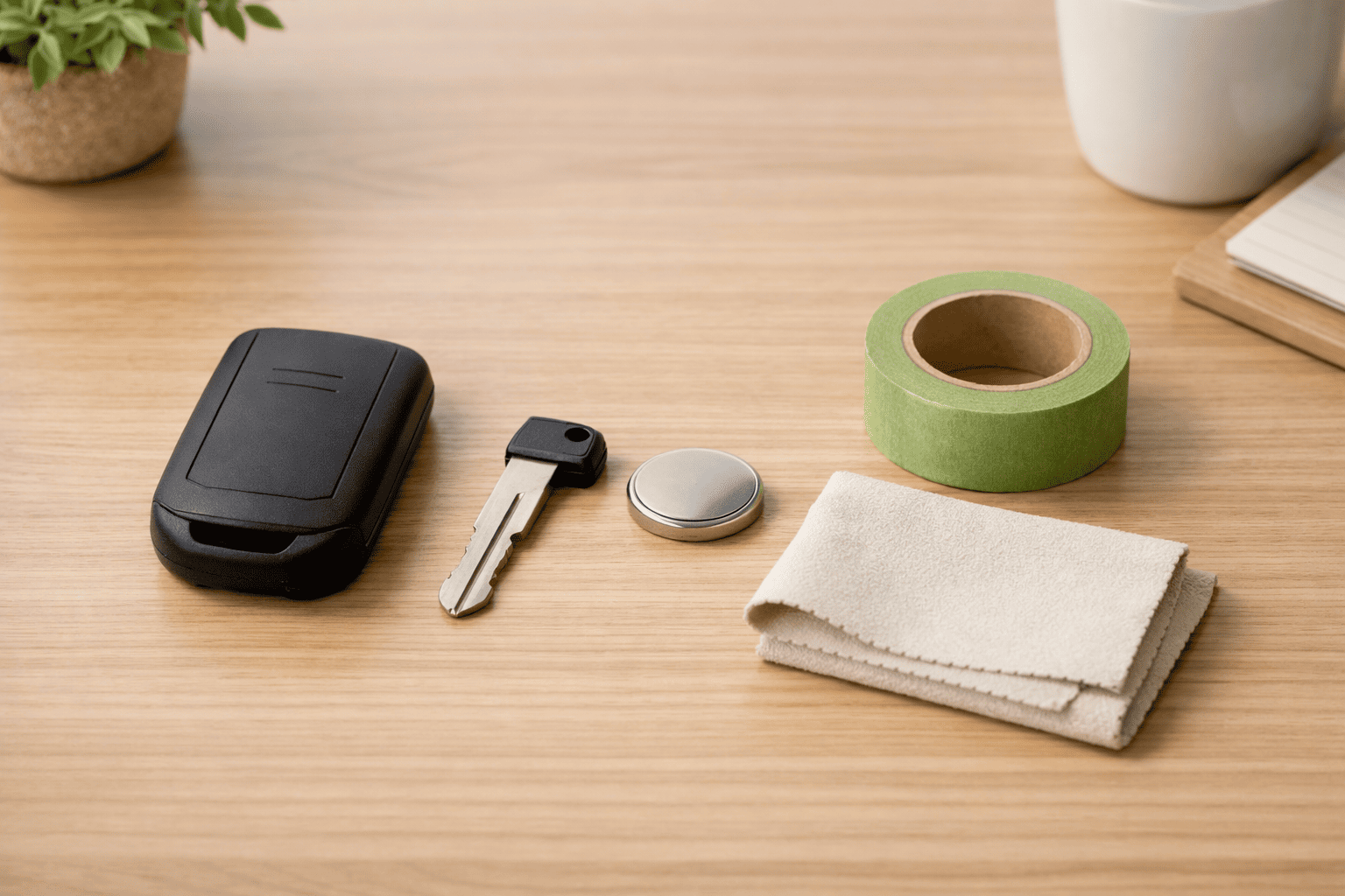 スマートキーと内蔵キー、電池交換用品が整然と並んだ、ホンダのスマートキー記事導入用ビジュアル