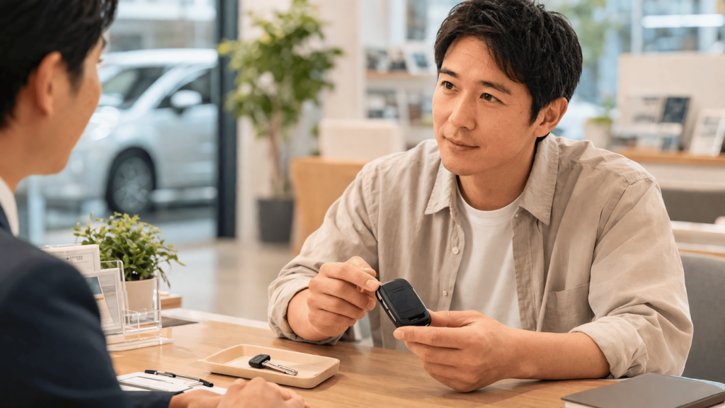 スマートキーの不具合をディーラーで落ち着いて相談している男性のビジュアル