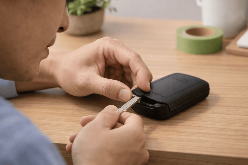 内蔵キーを使ってスマートキーのくぼみを慎重にひねる男性の手元