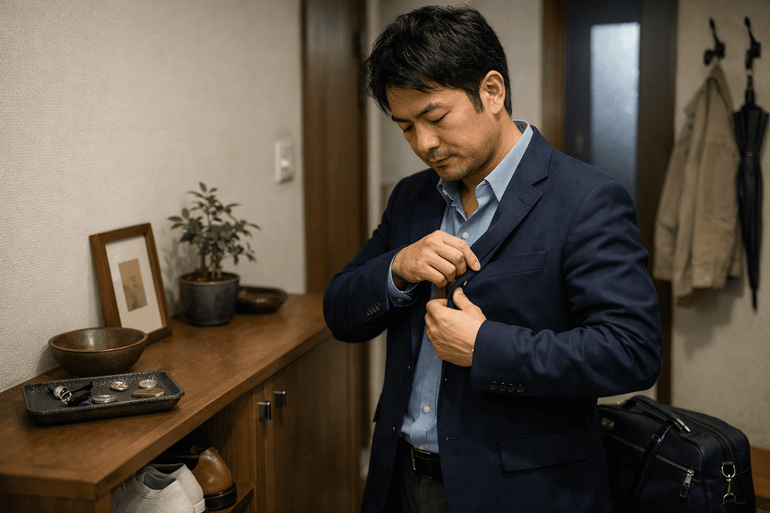 玄関で車の鍵の置き場所を落ち着いて確認する日本人男性の様子